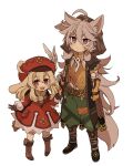  1boy 1girl ahoge animal_ears bangs blonde_hair blush boots brown_footwear brown_gloves closed_mouth clover dress feathers four-leaf_clover genshin_impact gloves green_pants grey_hair hair_between_eyes hat hat_feather holding_hands hood hood_up iwashi_(iwashi008) klee_(genshin_impact) long_hair long_sleeves low_twintails open_mouth orange_gloves pants razor_(genshin_impact) red_dress red_eyes red_headwear scar scar_on_face short_sleeves simple_background tail twintails upper_teeth violet_eyes white_background 
