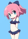  1girl bangs bare_shoulders bikini black_bikini blue_background blue_bow blue_eyes bow chibi closed_mouth commentary_request eyebrows_visible_through_hair frilled_bikini frills hair_between_eyes hair_bow highres looking_at_viewer navel original osaragi_mitama pink_hair ponytail simple_background smile solo swimsuit 