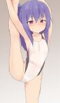  1girl :/ armpits blush closed_mouth competition_swimsuit dot_nose flat_chest grey_background hair_between_eyes hands_above_head hands_up highres leg_up long_hair looking_at_viewer one-piece_swimsuit one_side_up original purple_hair solo split standing standing_on_one_leg standing_split sweat swimsuit violet_eyes white_swimsuit yakihebi 