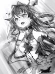 1girl :d breasts glint greyscale highres hololive horns irys_(hololive) medium_breasts monochrome multiple_horns nanashi_(nlo) open_mouth pointy_ears skirt smile solo upper_body 