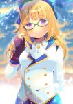  1girl ascot bangs black_gloves blonde_hair blue-framed_eyewear blue_bow blurry blurry_background blush bow breasts closed_mouth clouds cloudy_sky collared_shirt depth_of_field eyebrows_visible_through_hair glasses gloves hair_bow hand_up head_tilt jacket kou_hiyoyo long_hair long_sleeves looking_at_viewer medium_breasts original outdoors partially_fingerless_gloves shirt sky smile solo violet_eyes white_jacket white_neckwear white_shirt 
