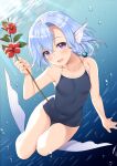  1girl :d absurdres air_bubble bangs bare_arms bare_legs bare_shoulders blue_hair blush braid breasts bubble collarbone commentary_request covered_navel elliot_leucosia enjo_kouhai eyebrows_visible_through_hair fish_girl flower full_body hair_between_eyes head_fins highres holding holding_flower looking_at_viewer medium_hair open_mouth school_swimsuit side_braid single_braid small_breasts smile solo swimsuit takunomi thigh_gap underwater violet_eyes 