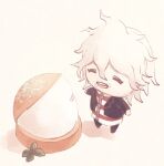  1boy bangs black_jacket black_pants blush chain chained chibi closed_eyes commentary_request dangan_ronpa_(series) dangan_ronpa_another_episode:_ultra_despair_girls food food_on_face highres hougu_(hougu_kmh) jacket komaeda_nagito long_sleeves male_focus messy_hair open_clothes open_jacket open_mouth pants red_shirt shirt short_hair solo striped striped_shirt white_shirt 