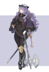  ai-wa alternate_costume armor axe battle_axe black_armor black_footwear boots border camilla_(fire_emblem) capelet fire_emblem fire_emblem_fates hair_over_one_eye high_heel_boots high_heels long_hair purple_background purple_hair sheath sheathed sword thigh-highs thigh_boots tiara very_long_hair violet_eyes wavy_hair weapon white_border 