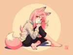  1girl absurdres animal_ears animal_nose artist_name barefoot black_pants body_fur brand_new_animal feet fox fox_ears fox_girl fox_tail full_body furry furry_female hand_on_own_knee highres hiwatashi_nazuna huge_filesize long_hair looking_at_viewer michirutnk multicolored_fur on_ground orange_background pants pink_fur pink_hair red_eyes shadow snout solo sweatshirt tail two-tone_background v white_fur yellow_background 