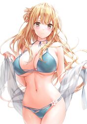  1girl bikini blonde_hair blue_bikini blush braid breasts brown_eyes closed_mouth collarbone commentary_request eyebrows_visible_through_hair highres kyariko large_breasts long_hair looking_at_viewer navel original simple_background smile solo swimsuit thighs white_background 