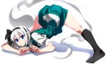  1girl bangs black_hairband black_legwear blue_eyes closed_mouth eyebrows_visible_through_hair full_body green_skirt green_vest hairband jack-o&#039;_challenge konpaku_youmu konpaku_youmu_(ghost) looking_at_viewer sazanami_mio shirt short_hair short_sleeves simple_background skirt smile socks solo top-down_bottom-up touhou vest white_background white_hair white_shirt 