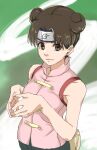  1girl bare_shoulders brown_eyes brown_hair chinese_clothes closed_mouth double_bun eyebrows_visible_through_hair fanny_pack fingers_together furrowed_brow hands_up headband naruto naruto_(series) pretty-purin720 short_hair sleeveless solo tenten 