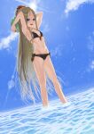  1girl abigail_williams_(fate) absurdres ao_(aocooler) armpits arms_behind_head arms_up ball bangs bare_shoulders beachball bikini black_bikini black_bow blonde_hair blue_eyes blue_sky blush bow breasts collarbone fate/grand_order fate_(series) forehead hair_bow highres long_hair looking_at_viewer multiple_bows navel ocean orange_bow parted_bangs polka_dot polka_dot_bow ponytail sidelocks sky small_breasts swimsuit very_long_hair wading wet 