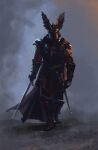  1boy absurdres armor black_footwear breastplate commentary english_commentary facing_viewer full_armor full_body gauntlets grey_background helmet highres holding holding_sword holding_weapon knight miryanne plate_armor sheath standing sword the_witcher_(series) weapon 