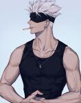  1boy black_tank_top blindfold cigarette covered_eyes ear_piercing flame06028621 gojou_satoru highres jewelry jujutsu_kaisen male_focus necklace piercing ring_necklace simple_background solo spiky_hair sweat sweatdrop tank_top toned toned_male upper_body white_hair 