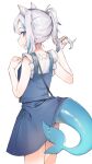  1girl animal_ears bag bare_arms blue_dress blue_eyes blue_hair cat_ears closed_mouth commentary_request dress fish_tail gaeguribanchan gawr_gura grey_hair hands_up highres hololive hololive_english long_hair looking_at_viewer looking_back multicolored_hair ponytail profile shark_tail shirt shoulder_bag simple_background sleeveless sleeveless_dress sleeveless_shirt smile solo streaked_hair tail virtual_youtuber white_background white_shirt 