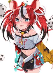  1girl :p animal_ears aqua_bow aqua_sleeves bare_shoulders black_hair black_skirt blue_eyes blush bow cheese collar crop_top dice dice_hair_ornament eyebrows_visible_through_hair food hair_ornament hakos_baelz highres hololive hololive_english key_necklace looking_at_viewer midriff mouse mouse_ears mouse_girl mouse_tail mousetrap mr._squeaks_(hakos_baelz) multicolored_hair navel off-shoulder_shirt off_shoulder pleated_skirt puffy_sleeves red_skirt redhead shirt skirt solo spiked_collar spikes tail tail_bow tail_ornament tenpura_noraneko tongue tongue_out twintails virtual_youtuber white_hair white_shirt white_skirt yellow_sleeves 