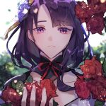  1girl bangs blurry blurry_background breasts commentary flower genshin_impact hair_ornament holding holding_flower japanese_clothes kqkko long_hair looking_at_viewer open_mouth parted_lips purple_flower purple_hair raiden_shogun red_flower ribbon rose solo sparkle symbol-only_commentary tassel violet_eyes 
