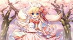  &gt;_&lt; 1girl absurdres animal artist_name blonde_hair blue_eyes blurry blurry_background blush bow bowtie cherry_blossoms commentary commentary_request day depth_of_field dot_nose eyebrows_visible_through_hair hair_between_eyes hat hat_bow heart highres lily_white long_hair long_sleeves looking_at_viewer open_mouth outdoors petals pudding_(skymint_028) red_bow red_neckwear signature smile solo spring_(season) touhou tree white_headwear 