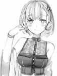  1girl bare_shoulders blush breasts bright_pupils closed_mouth earrings greyscale hand_up highres hololive jewelry looking_at_viewer medium_breasts medium_hair monochrome nanashi_(nlo) pavolia_reine simple_background smile solo upper_body white_background white_pupils wristband 