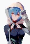  1girl arm_up arms_up ayanami_rei bangs black_bodysuit blue_hair bodysuit breasts gloves hair_between_eyes highres hood hood_up looking_at_viewer mogutofuoes neon_genesis_evangelion parted_lips red_eyes scratches short_hair simple_background solo turtleneck upper_body white_background 