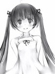  1girl anquette-chan_(nanashi) bare_shoulders blush dot_nose dress eyebrows_visible_through_hair greyscale highres long_hair looking_at_viewer monochrome nanashi_(nlo) original simple_background smile solo sundress twintails white_background 