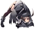  1girl ahoge arknights arm_rest ass bangs beret bird_tail black_gloves black_headwear black_legwear blush boots brown_hair cloak commentary_request eyebrows_visible_through_hair feather_hair flexible full_body garter_straps gloves hair_between_eyes hat jack-o&#039;_challenge looking_at_viewer meme multicolored_hair plume_(arknights) sasa_onigiri short_hair simple_background solo spread_legs tail thigh-highs top-down_bottom-up two-tone_hair white_background white_hair wide_spread_legs yellow_eyes 