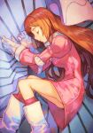  1girl boots brain_powered closed_mouth dress feet_out_of_frame from_above gloves hands_up hankuri juliet_sleeves long_hair long_sleeves lying on_side orange_hair pink_dress puffy_sleeves sleeping smile solo utsumiya_hime white_footwear white_gloves 