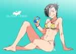  1girl :q ass bare_shoulders barefoot bikini black_hair black_hood bracelet breasts can earrings eyewear_on_head highres jewelry kamezaemon looking_at_viewer necklace original ponytail short_hair sitting smile solo sunglasses swimsuit tongue tongue_out white_hair 