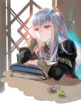  1girl bangs book candy commentary_request epaulettes eyebrows_visible_through_hair fire_emblem fire_emblem:_three_houses food garreg_mach_monastery_uniform hand_on_own_chin highres indoors juliet_sleeves lips long_hair long_sleeves looking_away lysithea_von_ordelia pink_eyes puffy_sleeves shiny shiny_hair sidelocks signature sitting solo suzuki_rika table uniform upper_body white_hair window 