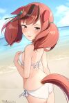  1girl :d absurdres animal_ears ass bare_arms bare_shoulders between_legs bikini blue_sky blush breasts brown_eyes brown_hair clouds commentary_request dated day hand_between_legs highres hirota_fruit horizon horse_ears horse_girl horse_tail looking_at_viewer looking_back multicolored_hair nice_nature_(umamusume) ocean open_mouth outdoors side-tie_bikini sky small_breasts smile solo streaked_hair swimsuit tail twintails twitter_username umamusume water white_bikini 