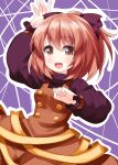  1girl :d arm_up bangs brown_dress brown_eyes brown_hair cowboy_shot dress eyebrows_visible_through_hair highres kurodani_yamame long_sleeves looking_at_viewer open_mouth outline ponytail puffy_sleeves purple_background ruu_(tksymkw) short_hair smile solo standing touhou white_outline 