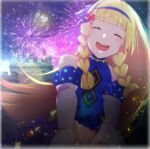  1girl absurdres bangs blonde_hair blunt_bangs braid fireworks highres lillie_(pokemon) long_hair night official_alternate_costume pokemon pokemon_(game) pokemon_masters_ex satsuki_(pixiv_742410) smile solo twin_braids 