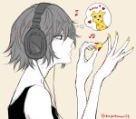  1boy awara_kayu bangs black_shirt commentary_request eighth_note from_side giraffe hair_ornament headphones male_focus musical_note nail_polish shirt short_hair solo spoken_musical_note stitches suzuya_juuzou thought_bubble tokyo_ghoul tokyo_ghoul:re twitter_username yellow_nails 