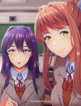  2girls absurdres blazer breasts brown_hair brown_jacket classroom doki_doki_literature_club green_eyes highres huge_filesize jacket large_breasts long_hair monika_(doki_doki_literature_club) multiple_girls ponytail purple_hair ribbon school_uniform selfie spookypicklez violet_eyes white_ribbon yuri_(doki_doki_literature_club) 