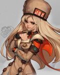  1girl beige_coat blonde_hair blue_eyes coat fur fur_hat guilty_gear guilty_gear_strive hat highres hoai_vu long_hair looking_at_viewer millia_rage ushanka 