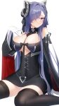  1girl absurdres august_von_parseval_(azur_lane) azur_lane bare_shoulders black_cape black_dress black_legwear breasts cape curled_horns dress gloves hair_over_one_eye hand_on_own_chest highres horns large_breasts long_hair looking_at_viewer mechanical_horns microdress purple_hair seele0907 simple_background solo thigh-highs very_long_hair violet_eyes white_background white_gloves zettai_ryouiki 