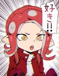  1girl ashiomi_masato jacket long_hair long_sleeves octarian octoling open_mouth pointy_ears redhead simple_background sleeves_past_wrists solo splatoon_(series) splatoon_2 suction_cups tentacle_hair yellow_eyes 