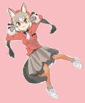 1girl animal_ears beret black_shirt brown_legwear collared_shirt commentary_request double_v eyebrows_visible_through_hair fox_ears fox_girl fox_tail fur_trim gloves grey_gloves grey_hair grey_legwear grey_skirt hasu_(zatsugami) hat highres island_fox_(kemono_friends) jacket kemono_friends kemono_friends_v_project light_brown_hair loafers long_sleeves multicolored_hair necktie official_alternate_costume orange_headwear orange_jacket pantyhose pleated_skirt shirt shoes skirt solo tail twintails two-tone_hair two-tone_legwear v virtual_youtuber white_footwear white_neckwear