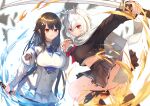  2girls absurdres animal_ears azur_lane black_hair black_legwear black_shirt black_skirt blue_neckwear breasts buttons choukai_(azur_lane) double-breasted hair_between_eyes hane_(feathe02) highres holding holding_sword holding_weapon jacket katana large_breasts long_hair long_scarf looking_at_viewer maya_(azur_lane) midriff miniskirt multiple_girls orange_eyes pleated_skirt red_neckwear scarf shirt short_hair simple_background skirt sword thigh-highs weapon white_background white_hair white_jacket white_scarf white_skirt 