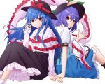 2girls black_headwear black_skirt blue_hair blue_skirt capelet closed_mouth cosplay costume_switch eyebrows_visible_through_hair food frilled_capelet frills fruit hagoromo hair_between_eyes hat hat_ribbon hinanawi_tenshi long_hair long_skirt long_sleeves multiple_girls nagae_iku peach puffy_short_sleeves puffy_sleeves purple_hair red_eyes red_ribbon ribbon shawl shirt short_hair short_sleeves simple_background sitting skirt smile sugiyama_ichirou touhou v-shaped_eyebrows white_background white_capelet white_shirt