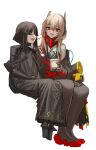  2girls absurdres anna_(girls_frontline) banana_(girls_frontline) bare_shoulders black_hair black_legwear cheogtanbyeong eyebrows_visible_through_hair girls_frontline hair_between_eyes headgear heart highres holding holding_spoon ice_cream_cup invisible_chair light_brown_hair long_hair m4_sopmod_ii_(girls_frontline) mod3_(girls_frontline) multicolored_hair multiple_girls open_mouth paradeus red_eyes redhead simple_background sitting spoon streaked_hair white_background 