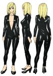  1girl alternate_costume ashiomi_masato biker_clothes bikesuit black_bodysuit blonde_hair bodysuit breasts closed_mouth guilty_gear guilty_gear_xrd high_heels looking_at_viewer medium_hair millia_rage simple_background solo unzipped white_background 