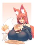  1girl animal_ear_fluff animal_ears bangs black_choker breast_rest breasts burger choker commentary cutting_board english_commentary eyebrows_visible_through_hair fang food fox_ears fox_girl fox_tail french_fries hair_between_eyes highres huge_breasts large_tail long_hair long_sleeves off_shoulder orange_eyes original redhead simple_background solo sub-res tail upper_body 