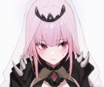  1girl black_cloak blush cloak closed_mouth cropped eyebrows_visible_through_hair frown highres hololive hololive_english long_hair mori_calliope nang_z1 pink_eyes pink_hair see-through simple_background solo spikes sweat tiara upper_body veil white_background 