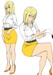  1girl alternate_costume ashiomi_masato belt blonde_hair breasts closed_mouth dress_shirt guilty_gear guilty_gear_xrd high_heels looking_at_viewer medium_hair millia_rage shirt simple_background skirt solo white_background 
