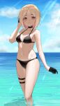  1girl absurdres beach bikini black_bikini black_choker black_gloves blue_sky choker eyebrows_visible_through_hair girls_frontline gloves hand_on_own_head highres in_water looking_at_viewer mp40_(girls_frontline) orange_eyes shore skindentation sky solo swimsuit toryu_fufu 