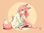  1girl absurdres animal_ears animal_nose artist_name barefoot body_fur bottomless brand_new_animal feet fox fox_ears fox_girl fox_tail full_body furry furry_female hand_on_own_knee highres hiwatashi_nazuna huge_filesize long_hair looking_at_viewer michirutnk multicolored_fur on_ground orange_background oversized_clothes pink_fur pink_hair red_eyes shadow shirt snout solo tail two-tone_background v white_fur white_shirt yellow_background 