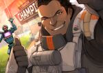  2boys absurdres apex_legends black_hair brown_eyes dark-skinned_male dark_skin gibraltar_(apex_legends) gloves grey_gloves hair_behind_ear highres huge_filesize humanoid_robot looking_at_viewer male_focus metalfrog multiple_boys one-eyed one_eye_closed pathfinder_(apex_legends) red_eyes selfie signature smirk waving 