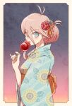  1girl antenna_hair bangs blonde_hair blue_eyes blue_kimono border braid breasts candy_apple dangan_ronpa_(series) dangan_ronpa_v3:_killing_harmony eyebrows_visible_through_hair floral_print flower food from_side gradient gradient_background hair_flower hair_ornament hakusoto holding iruma_miu japanese_clothes kimono licking long_hair looking_at_viewer obi open_mouth pink_hair red_flower sash short_hair smile solo symbol-only_commentary tongue tongue_out white_border wide_sleeves yukata 