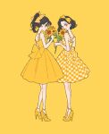  2girls back_bow bangs black_hair bob_cut bow brown_eyes color_coordination dress fashion flower from_behind gingham hair_bow headband high_heels highres holding holding_flower matching_eye_color matching_hair_color matching_outfit multiple_girls original ponytail rikuwo smelling_flower sundress sunflower yellow_background yellow_bow yellow_dress yellow_flower yellow_theme 