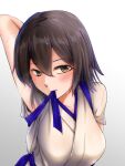  1girl alternate_hair_length alternate_hairstyle arm_behind_head arm_up breasts brown_eyes brown_hair japanese_clothes kaga_(kancolle) kantai_collection large_breasts mouth_hold parazan_d short_hair solo tasuki upper_body 