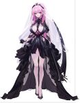  1girl alternate_costume bare_legs black_dress black_footwear black_gloves breasts bridal_veil center_opening closed_mouth clothing_cutout dress earrings frilled_dress frills full_body gloves holding holding_scythe hololive hololive_english jewelry large_breasts long_hair looking_at_viewer mori_calliope pink_eyes pink_hair scythe see-through shoes shoulder_cutout simple_background skull solo standing straight_hair thighs tiara unfinished veil virtual_youtuber wedding_dress white_background yaguo 