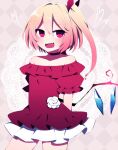  1girl alternate_costume arms_behind_back bangs blonde_hair bow crystal dress eyebrows_visible_through_hair fangs flandre_scarlet flower frilled_dress frills grey_background hair_bow heart highres looking_at_viewer off-shoulder_dress off_shoulder one_side_up open_mouth red_bow red_dress red_eyes rose short_sleeves slit_pupils solo standing sundress touhou white_flower white_rose wings you_(noanoamoemoe) 